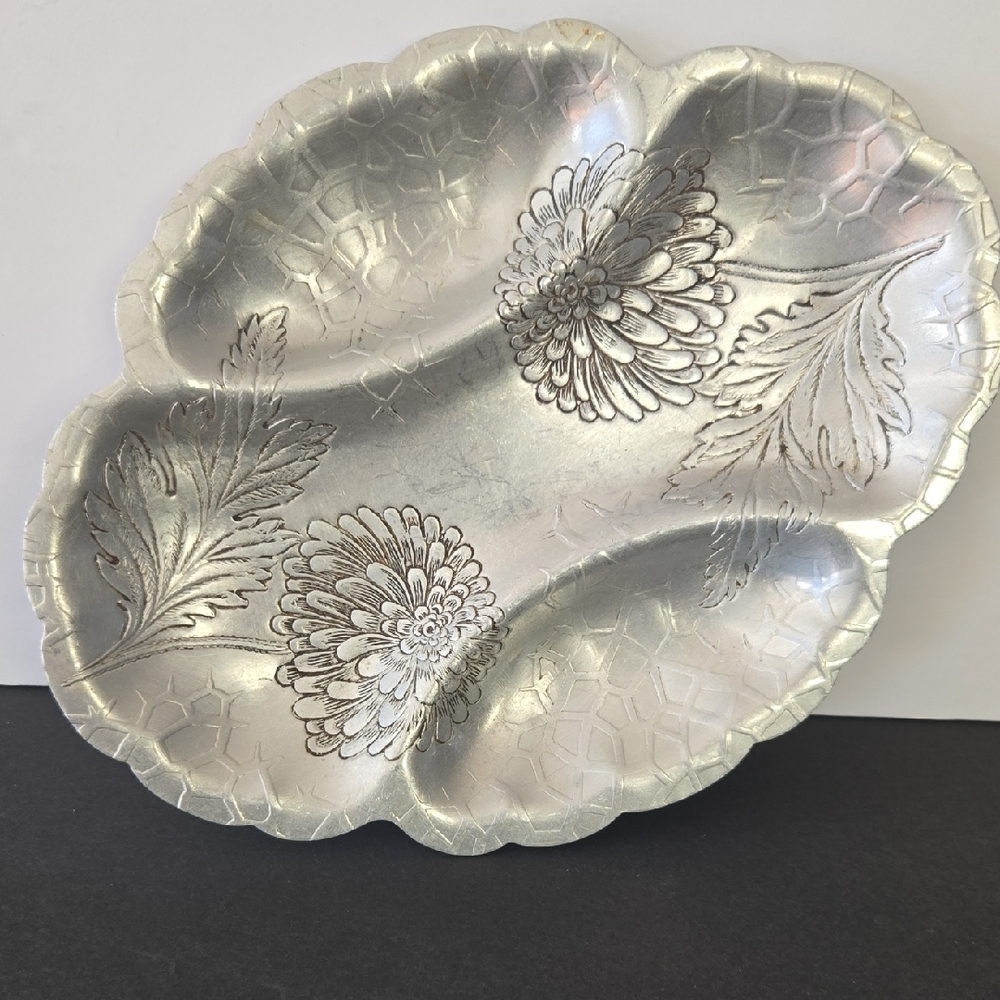 Vintage MCM Forman Family Metal Hammered Stamped Floral Divided Serving Tray